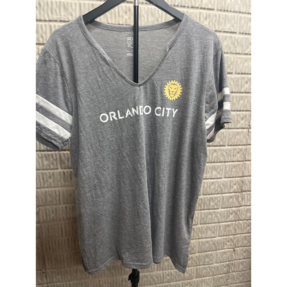 MLS Orlando City‎ SC Womens V-Neck Graphic Tee Gray Heather White Stripes L NEW